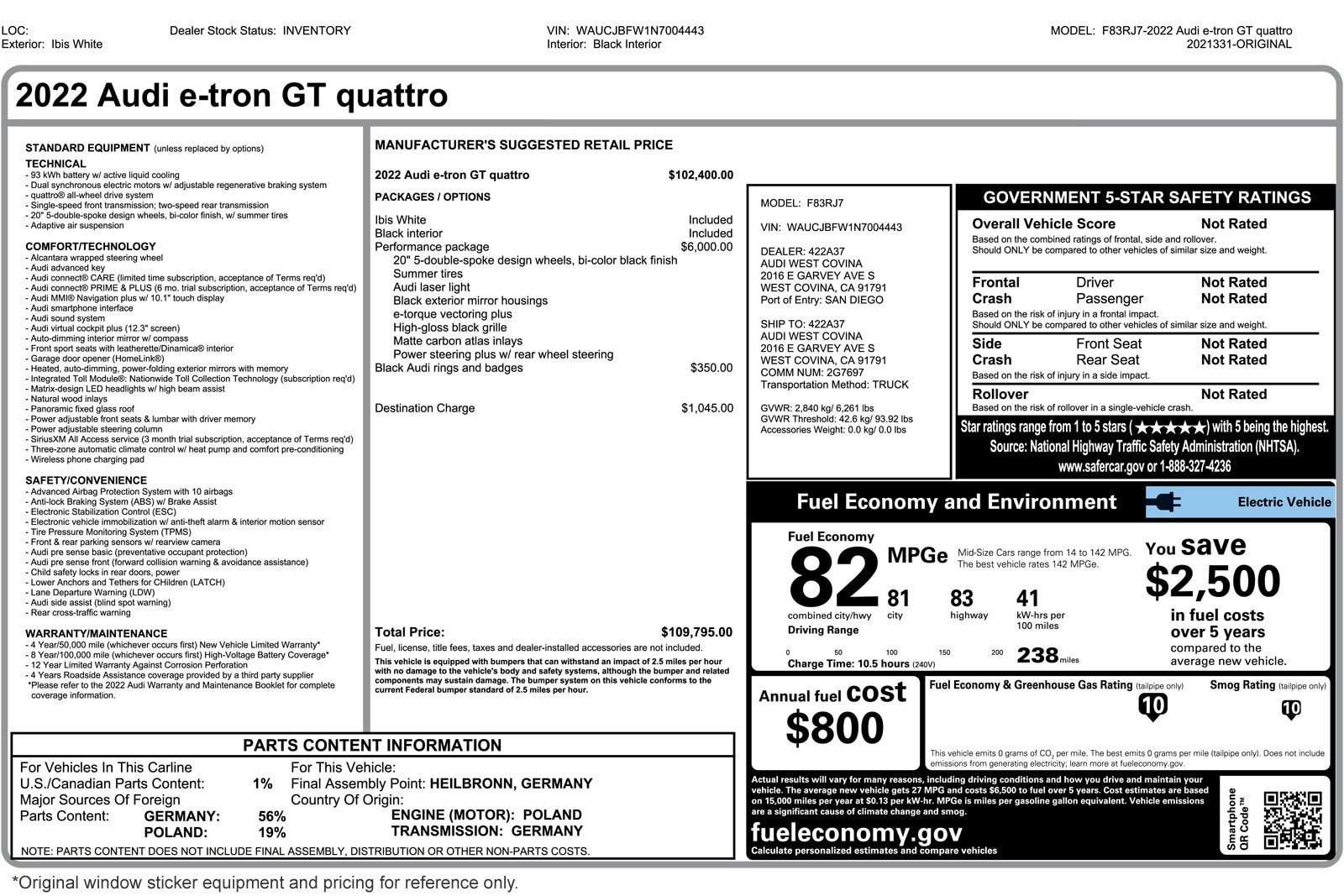 Used 2022 Audi e-tron GT Premium Plus with VIN WAUCJBFW1N7004443 for sale in Costa Mesa, CA