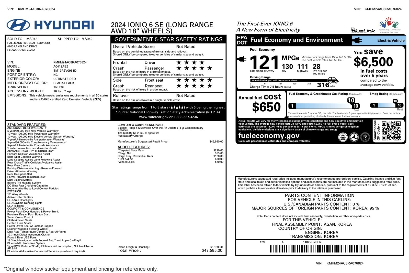 Used 2024 Hyundai IONIQ 6 SE with VIN KMHM24AC8RA076824 for sale in Costa Mesa, CA
