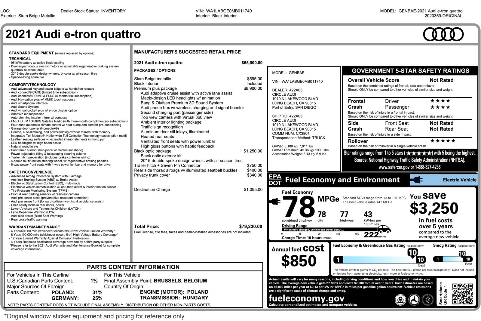 Used 2021 Audi e-tron Premium Plus with VIN WA1LABGE0MB011740 for sale in Costa Mesa, CA