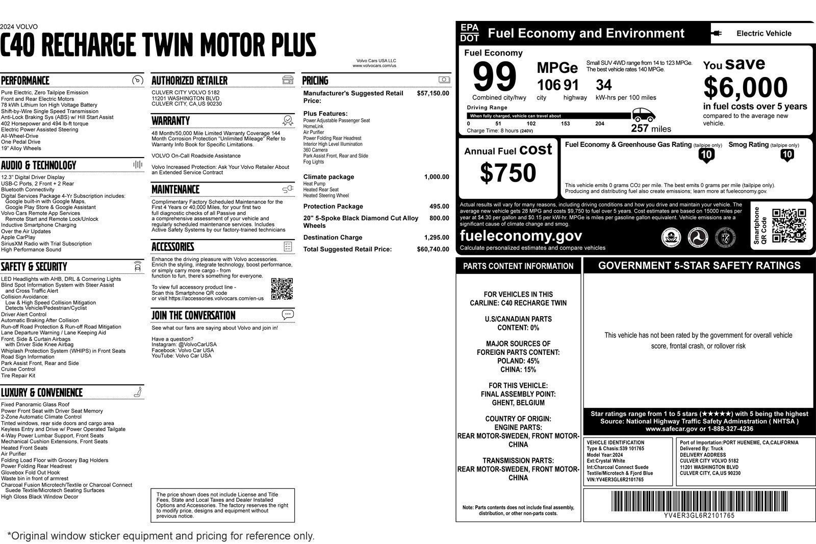 Used 2024 Volvo C40 Plus with VIN YV4ER3GL6R2101765 for sale in Costa Mesa, CA