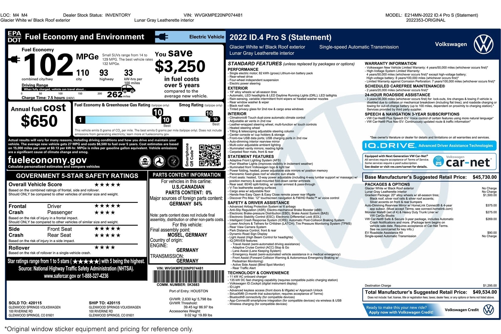 Used 2022 Volkswagen ID.4 PRO S with VIN WVGKMPE20NP074481 for sale in Costa Mesa, CA