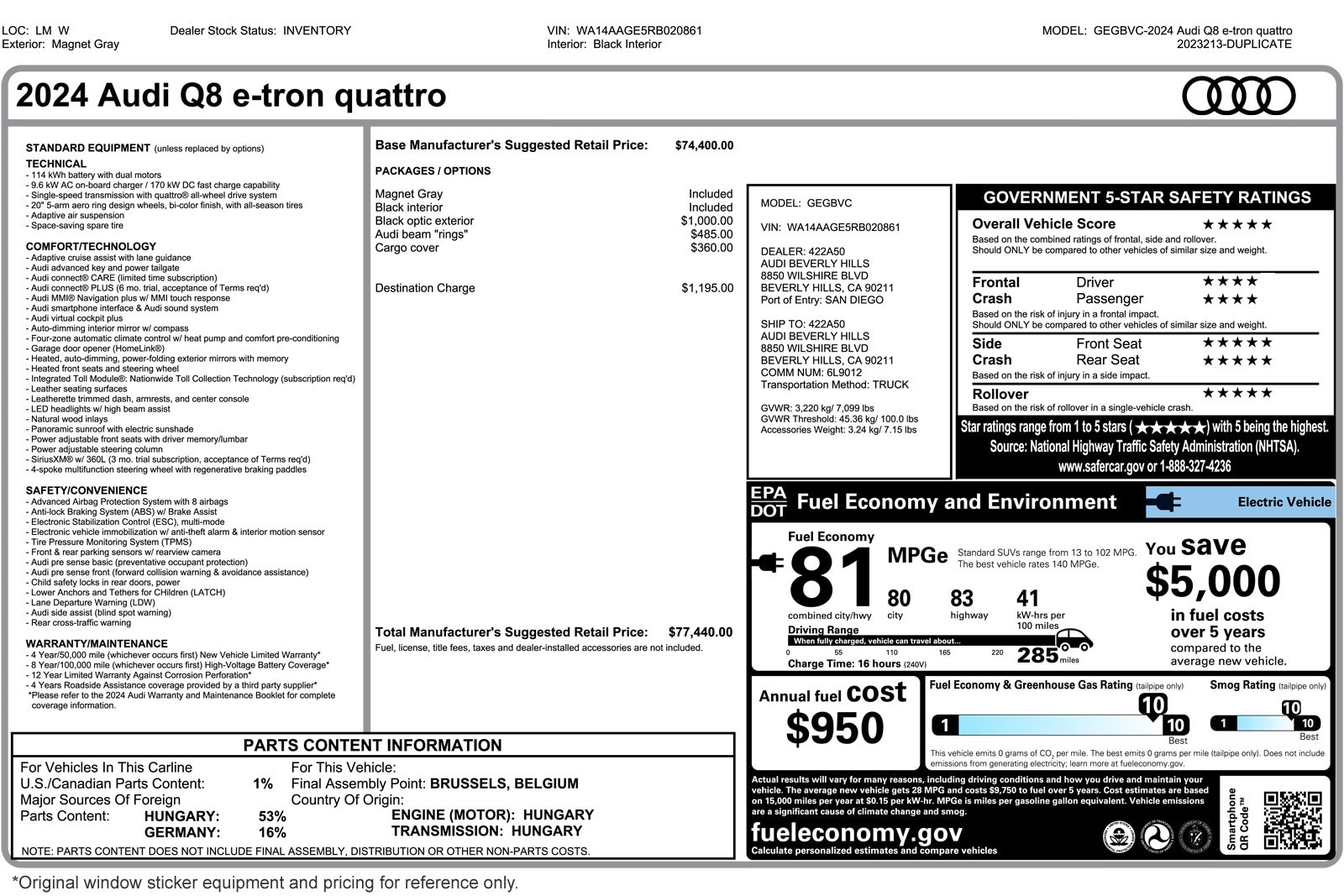 Used 2024 Audi Q8 e-tron Premium with VIN WA14AAGE5RB020861 for sale in Costa Mesa, CA