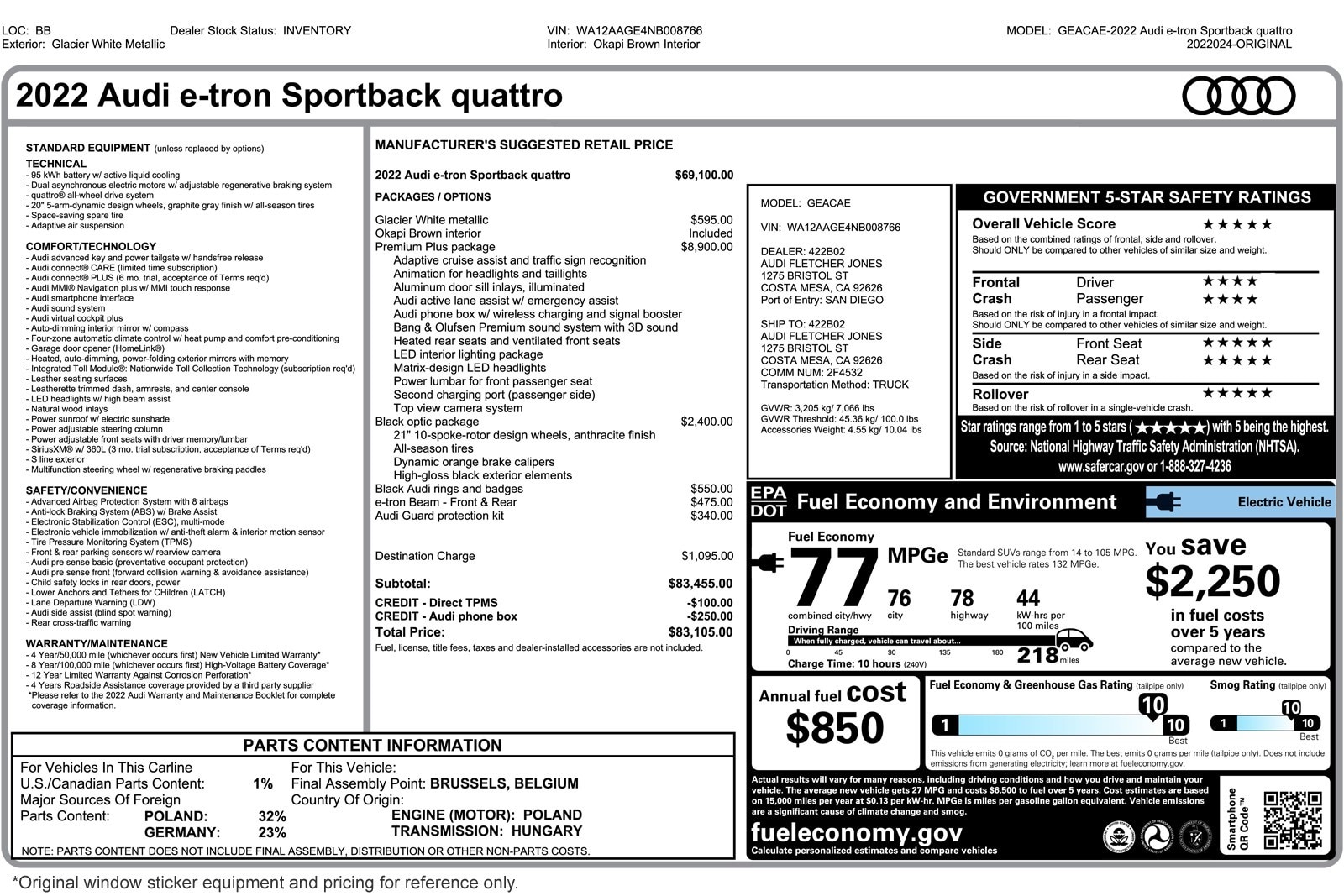 Used 2022 Audi e-tron Sportback Premium Plus with VIN WA12AAGE4NB008766 for sale in Costa Mesa, CA