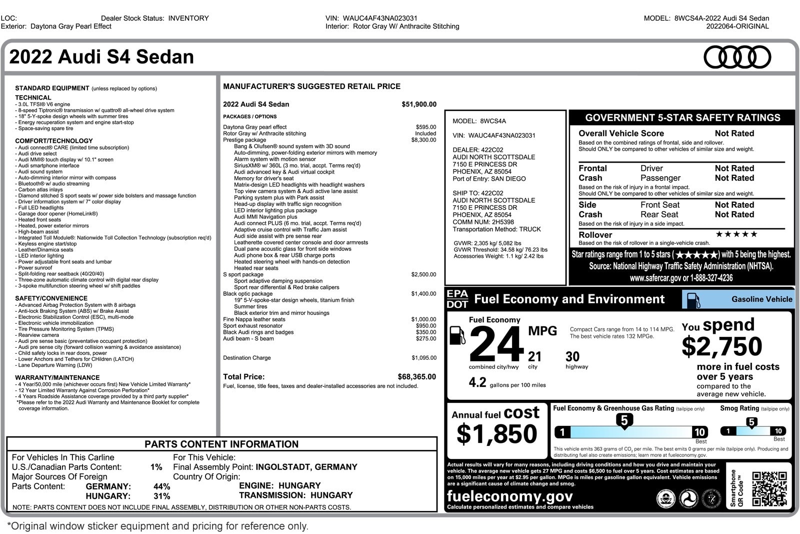 Used 2022 Audi S4 Prestige with VIN WAUC4AF43NA023031 for sale in Costa Mesa, CA