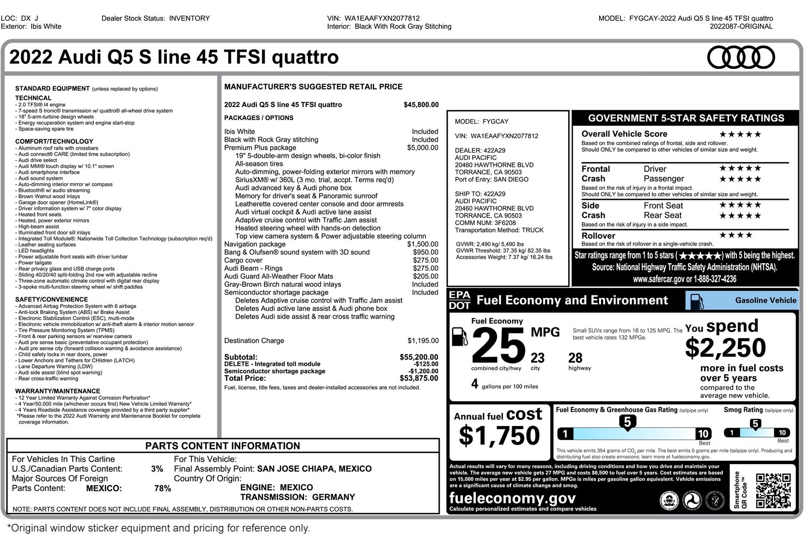 Used 2022 Audi Q5 Premium Plus with VIN WA1EAAFYXN2077812 for sale in Costa Mesa, CA