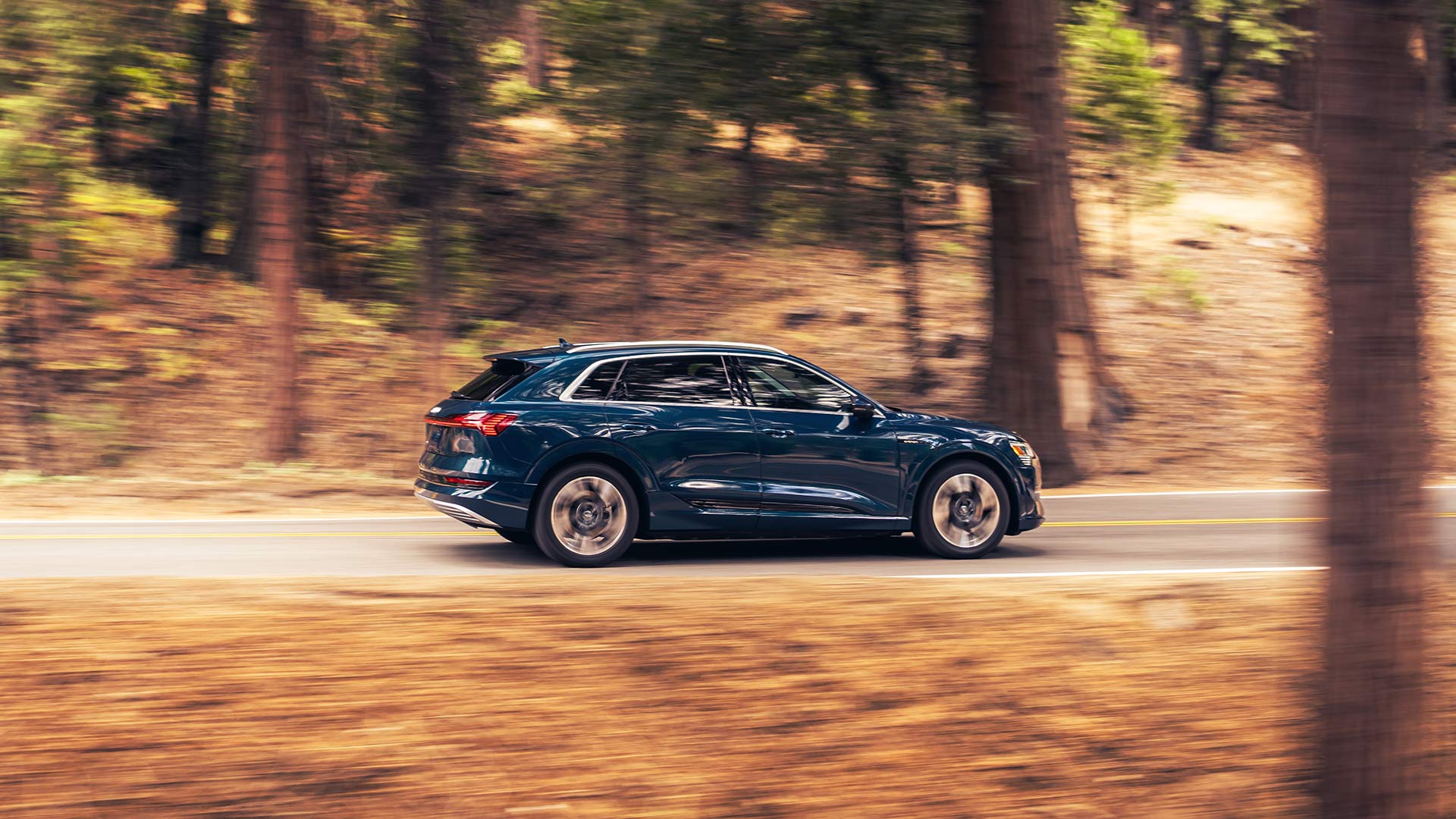dark blue Audi Q4 e-tron electric SUV driving through the woods