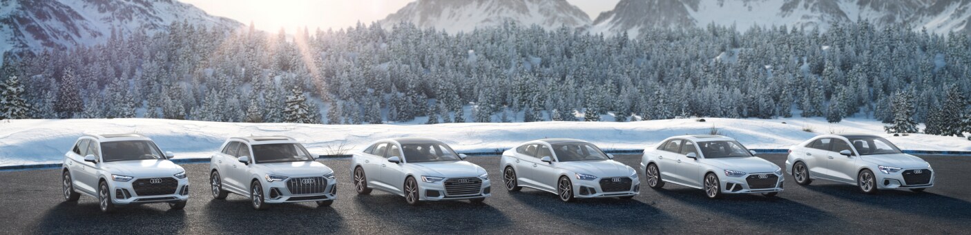 Banner image of the Audi A3 and other Audi models in the snow in front of mountains