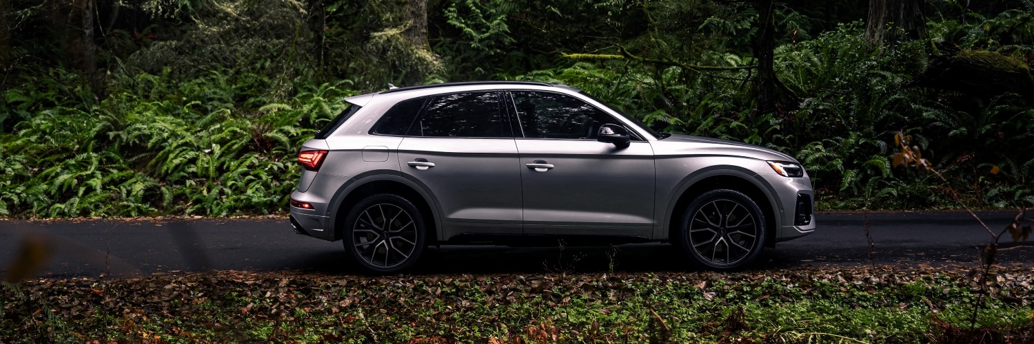 Audi SQ5 Sportback driving on a road surrounded by plush vegetation