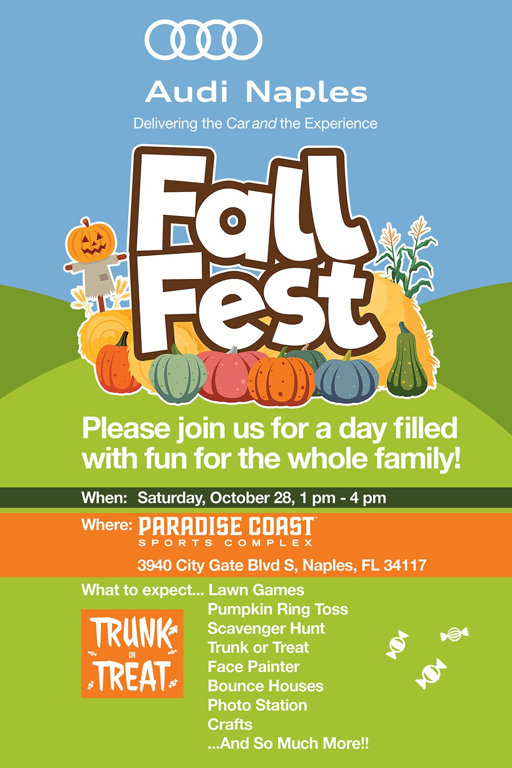 Fall Fest, Saturday, October 28th, 1PM to 4PM, at the Paradise Coast Sports Complex, 3940 City Gate Blvd S, Naples, FL 34117