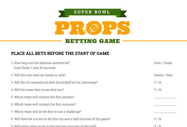 Printable Super Bowl Prop Bets sheet in PDF for Super Bowl party