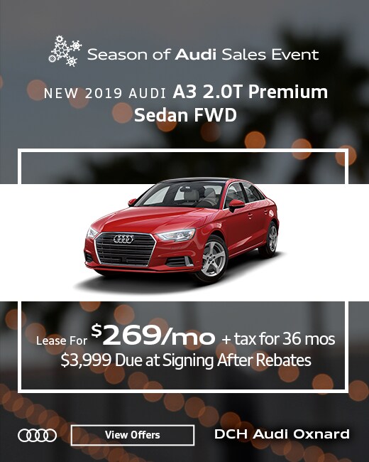 New 2019 Audi A3 2.0T Premium Sedan FWD, Lease for $269 / mo + tax for 36 months, $3,999 due at signing after rebates. New 2019 Audi A3 2.0T Premium Sedan FWD, Lease for $269 / mo + tax for 36 months, $3,999 due at signing after rebates.
