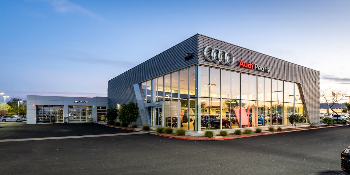 Exterior view of Audi Arrowhead in the evening