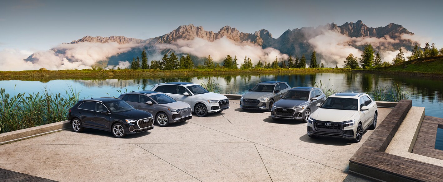 Audi SUVs lined up with mountains, trees and a body of water in the background