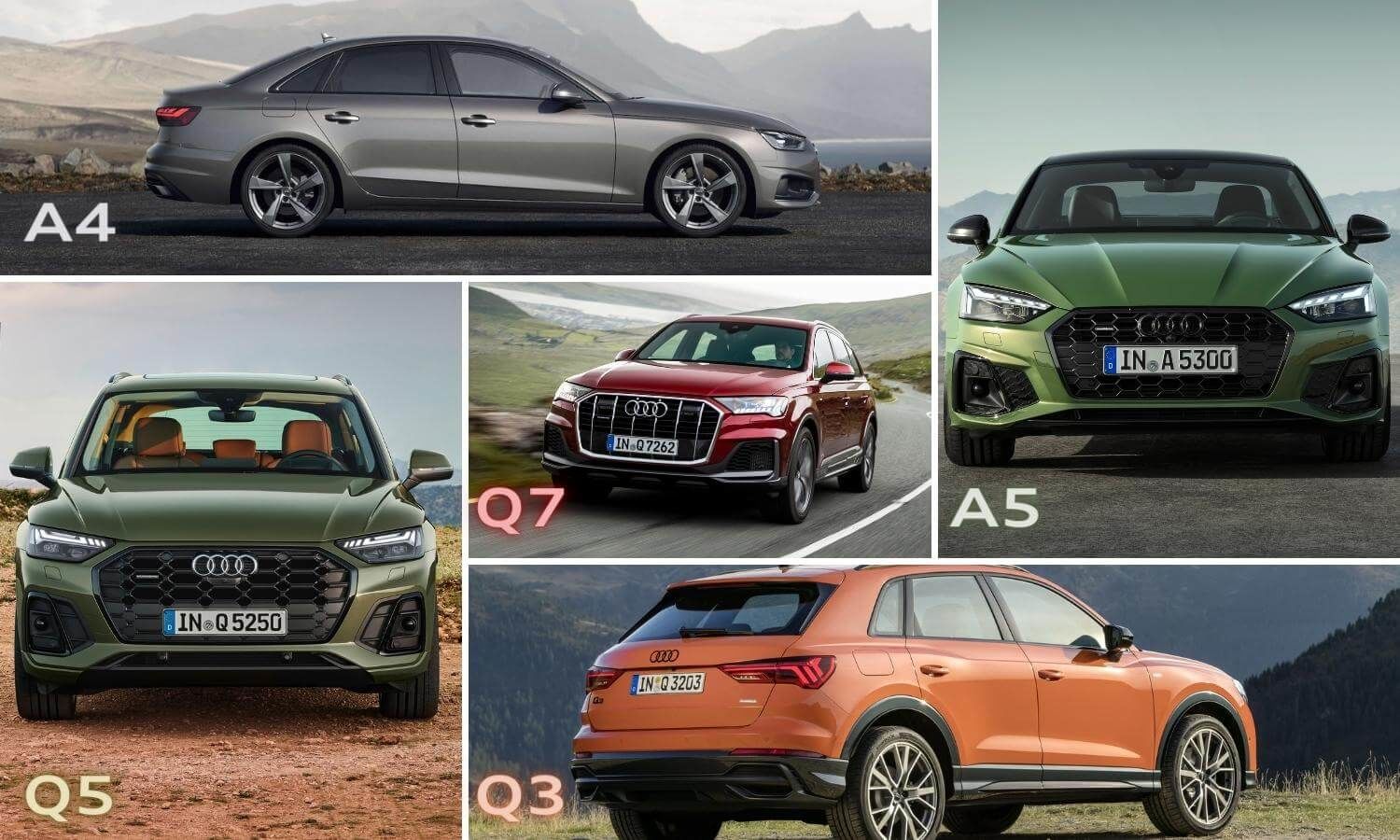 Gamme de 5 VUS et berlines Audi usagés incluant le A4, A5, Q3, Q5 et le Q7