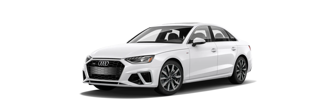 Vue 3/4 avant de l'Audi A4 2023 blanc glacier métallisé.