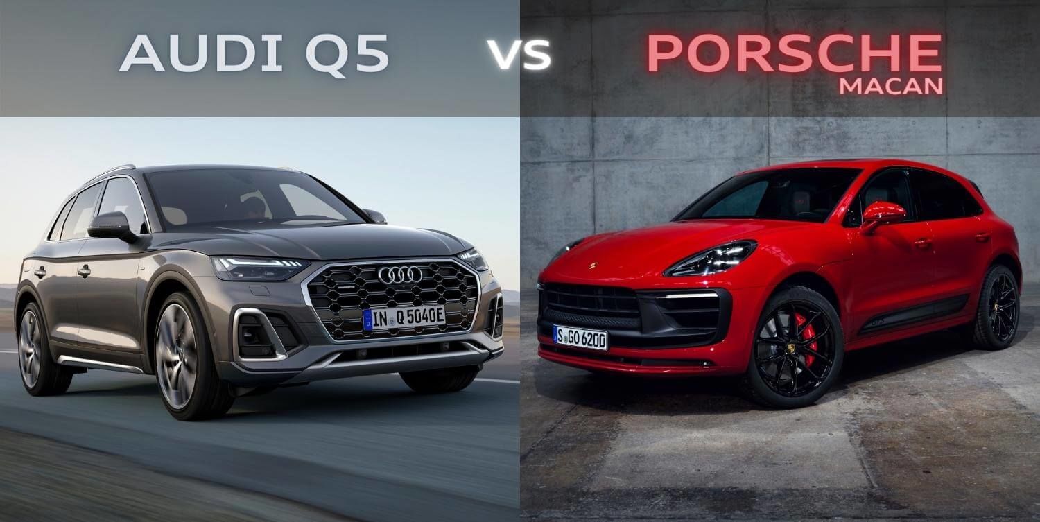 VUS Audi Q5 2022 gris face au Porsche Macan 2022 rouge