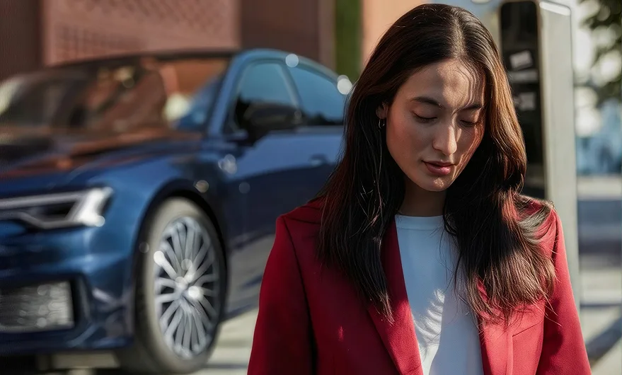 Woman in a red suit standing beside a parked blue Audi on a city street