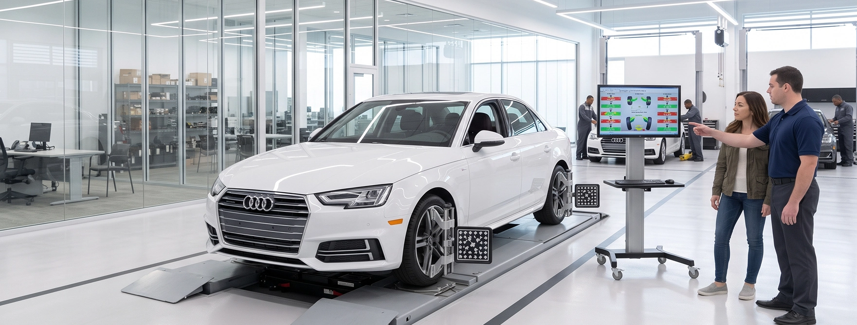 A white Audi A4 on an alignment rack with targets on its wheels while an Audi Stuart service advisor points out the alignment readings on a monitor to a customer