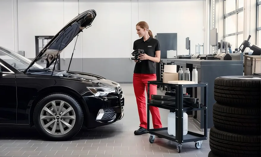 Audi technician with a tablet beside a black Audi with its hood raised in a service bay