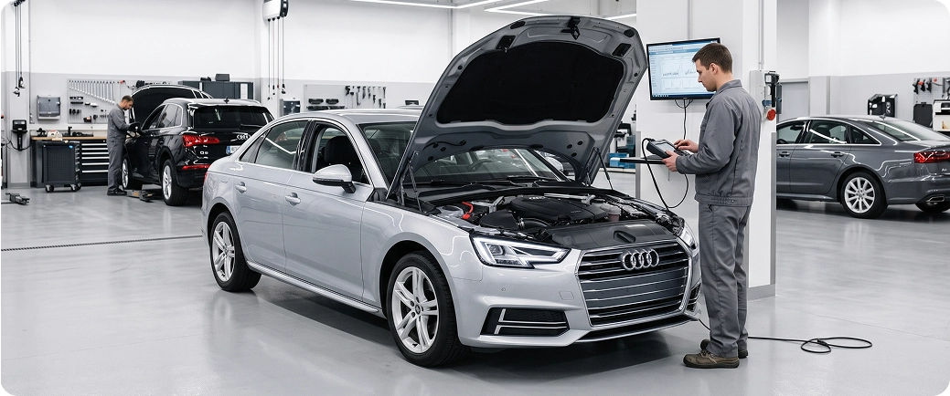 An Audi Stuart technician running a diagnostic scan from a laptop on a stand beside a silver Audi A4 with its hood open in the service shop