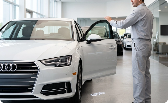 An Audi Stuart team member holding open the driver’s door of a white Audi A4 in the showroom