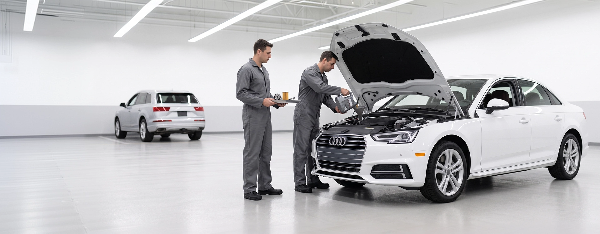 Two Audi Stuart technicians in grey coveralls at the open hood of a white Audi A4, one holding a tray with a fresh oil filter while the other pours oil into the engine