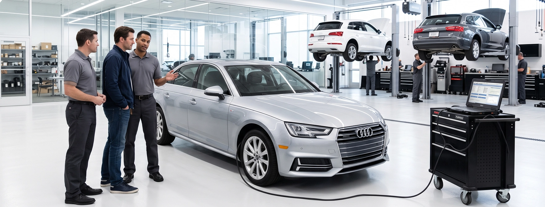 An Audi Stuart service advisor talking with two customers beside their silver Audi A4 in the service shop while a diagnostic laptop on a tool cart stays connected to the car