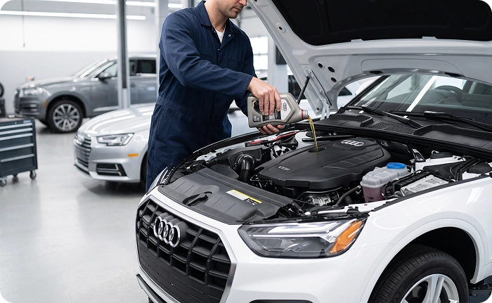 A close-up of an Audi Stuart technician in navy coveralls pouring fresh oil into the engine of a white Audi with the hood raised