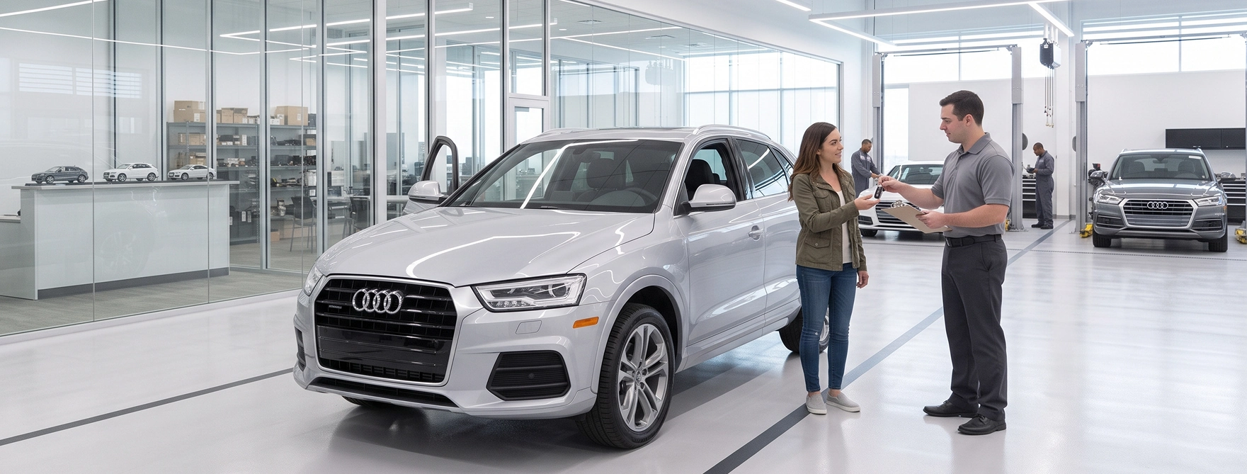 An Audi Stuart service advisor with a clipboard handing a loaner key to a customer beside a silver Audi Q3 in the service drive