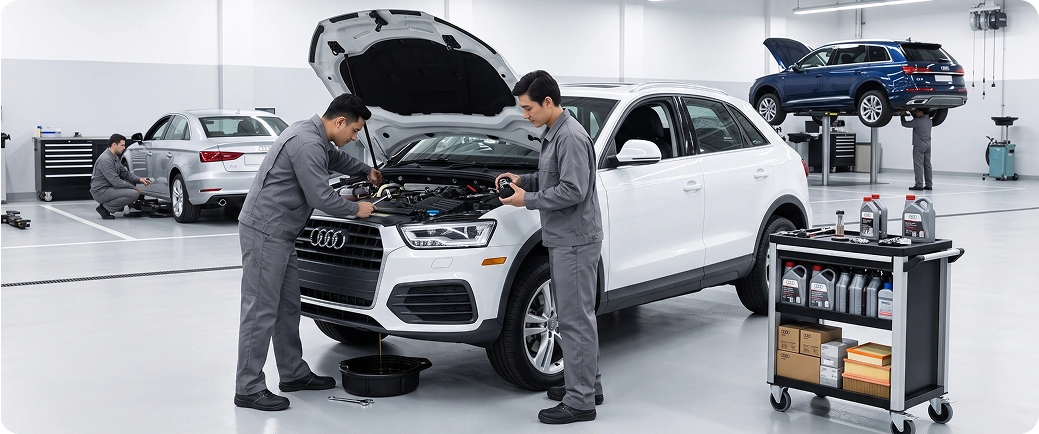 Two Audi Stuart technicians working under the raised hood of a white Audi with a service cart of fresh oil bottles beside them and a blue Audi SUV up on a lift behind
