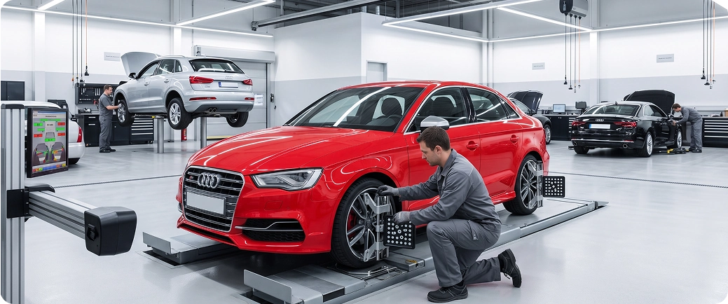 An Audi Stuart technician kneeling beside a red Audi A3 sedan on an alignment rack, fitting a wheel target to the front tire next to the alignment camera beam and its readings monitor