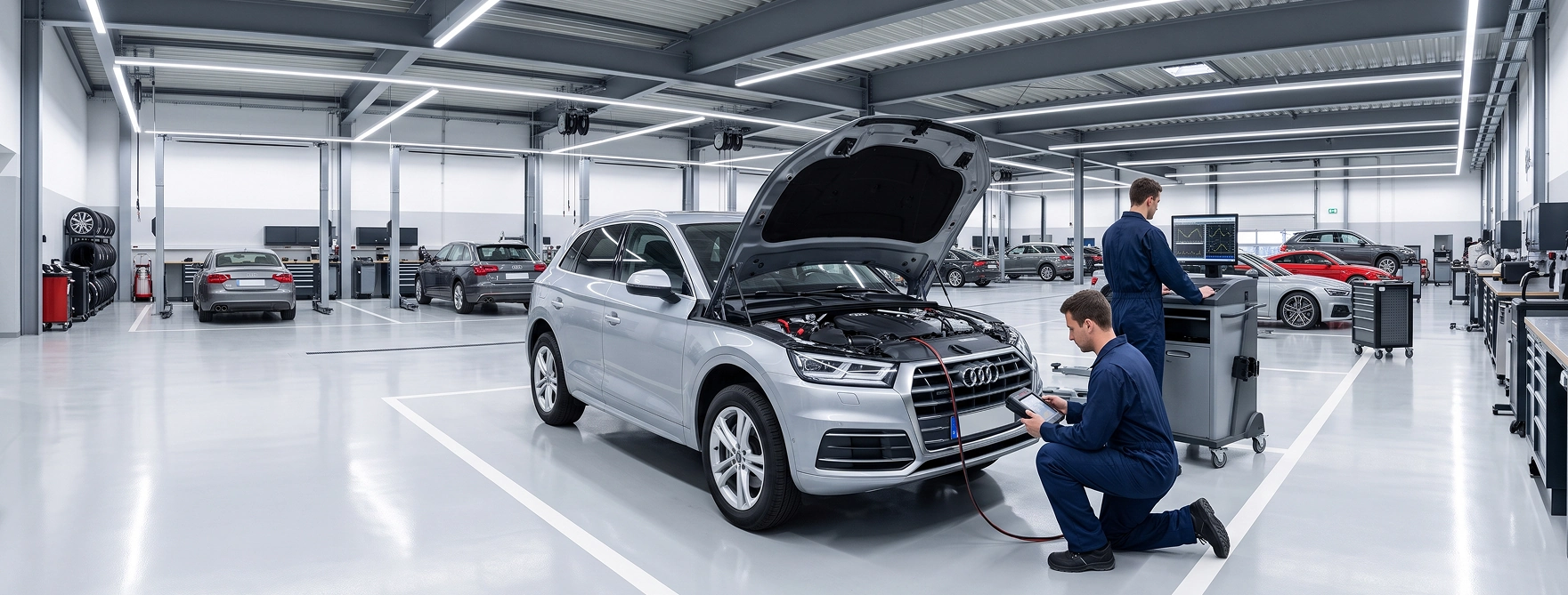 Two Audi Stuart technicians running warranty diagnostics on a silver Audi Q5 with its hood raised, one kneeling with a handheld scan tool and the other reading results on a shop computer