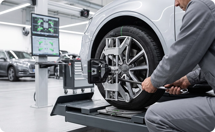 A close-up of an Audi Stuart technician tightening an alignment target clamp onto the wheel of a silver Audi with the readings glowing on a monitor behind