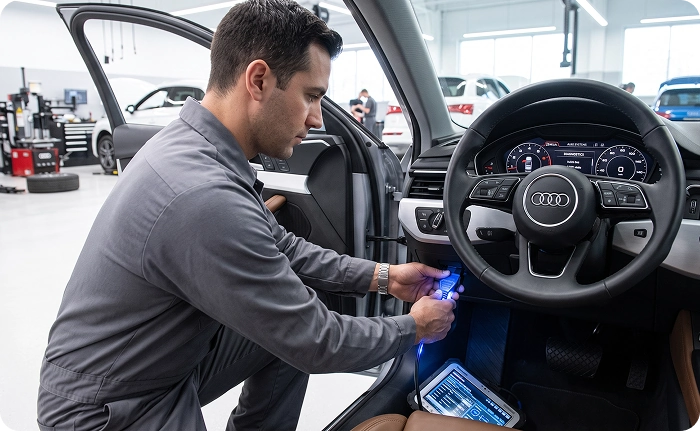 An Audi Stuart technician kneeling in the open driver’s door of an Audi, holding a diagnostic tablet while checking the digital instrument cluster behind the steering wheel