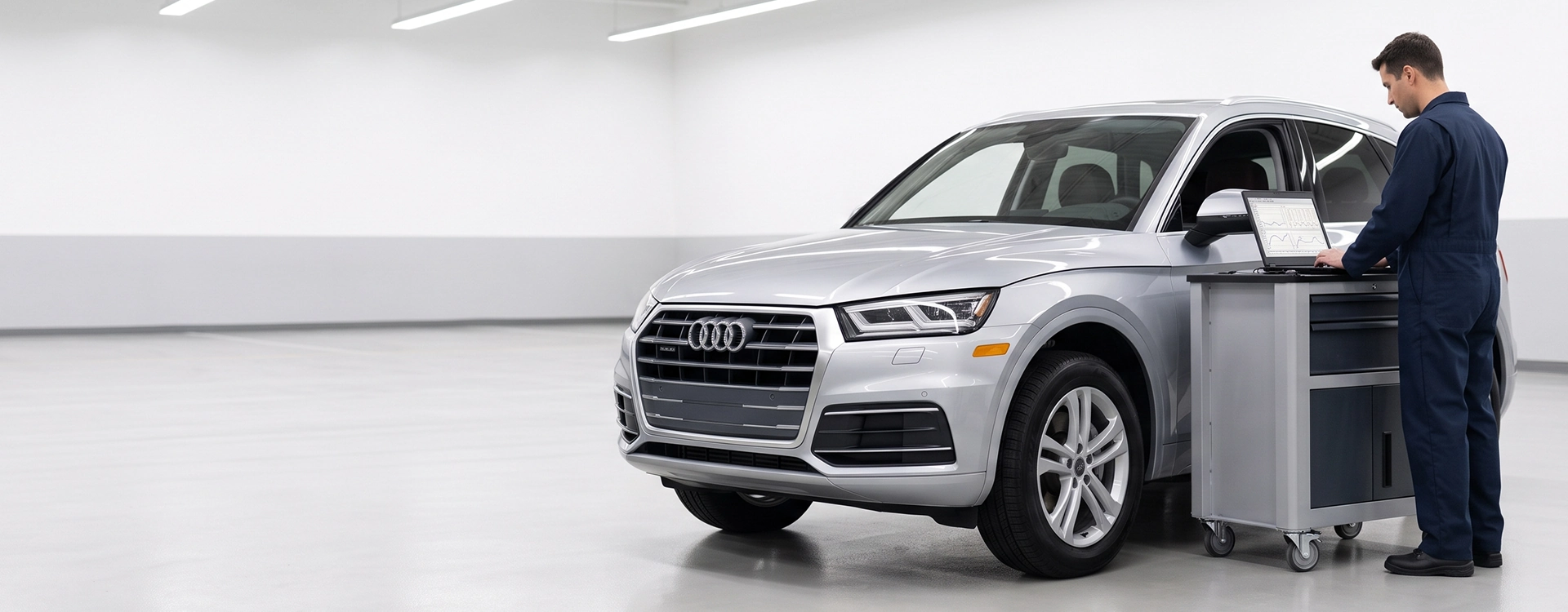 A silver Audi Q5 parked in a bright Audi Stuart service bay while a technician in navy coveralls runs a diagnostic scan from a laptop on a rolling workstation beside the car