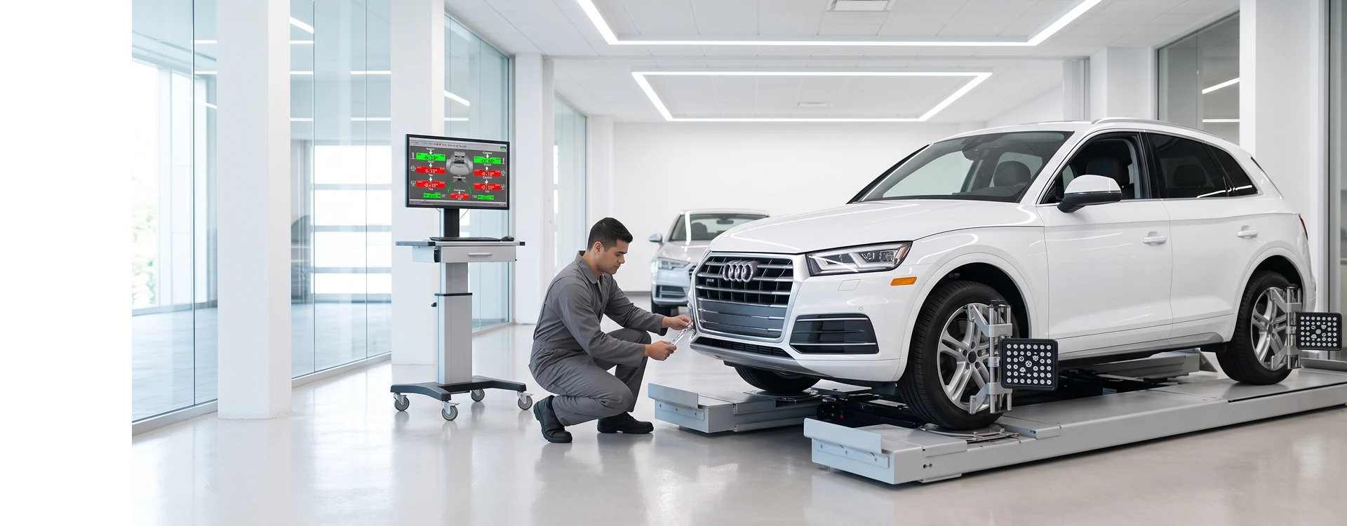 An Audi Stuart technician in grey coveralls crouching beside a white Audi Q5 on an alignment lift with wheel targets clamped to its tires, while a monitor on a rolling stand shows the alignment readings