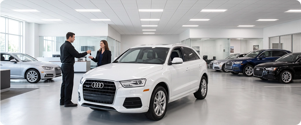 An Audi Stuart sales consultant handing the key to a customer beside a white Audi Q3 on the showroom floor, with more Audi models parked behind them