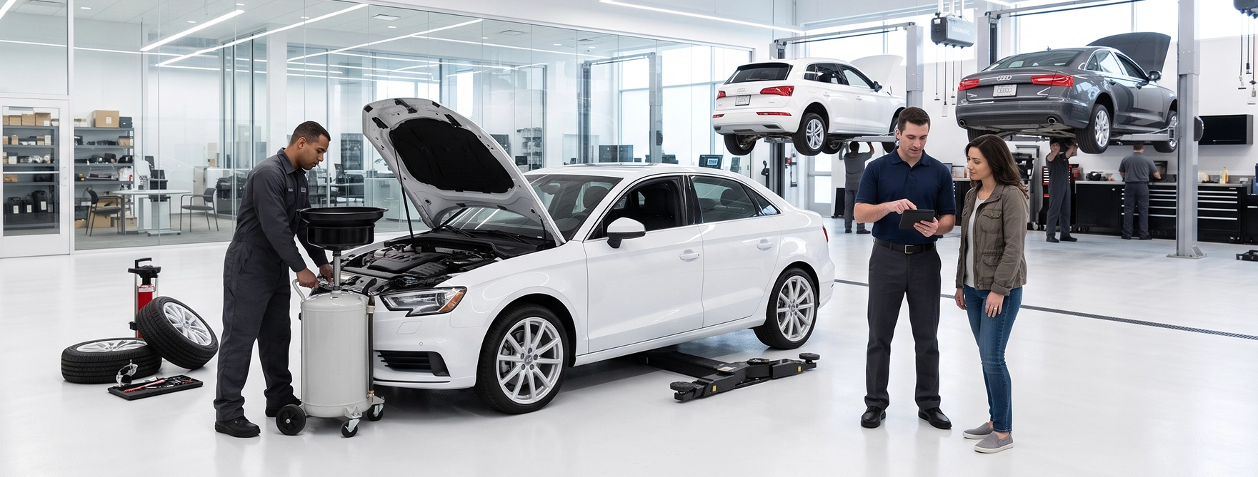 An Audi Stuart technician draining the engine oil of a white Audi into a catch basin while a service advisor talks with a customer nearby and other Audis sit on the lifts behind them
