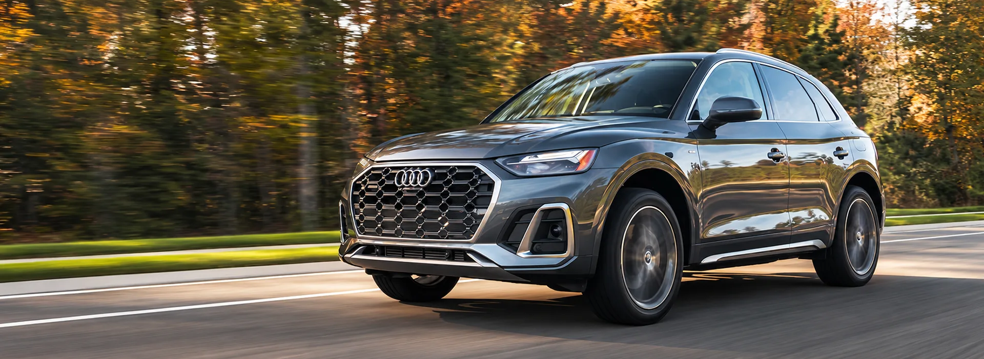 Grey Audi Q5 driving a tree-lined road in autumn, seen from the front three-quarter angle
