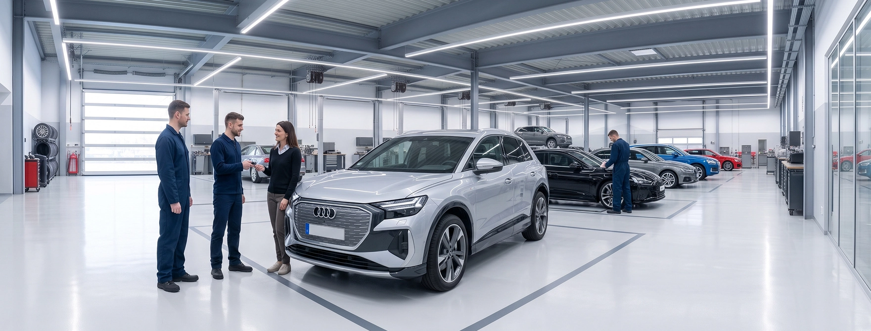 Two Audi Stuart team members greeting a customer beside a silver Audi Q4 e-tron in the service shop, with more Audi vehicles lined up in the bays behind them