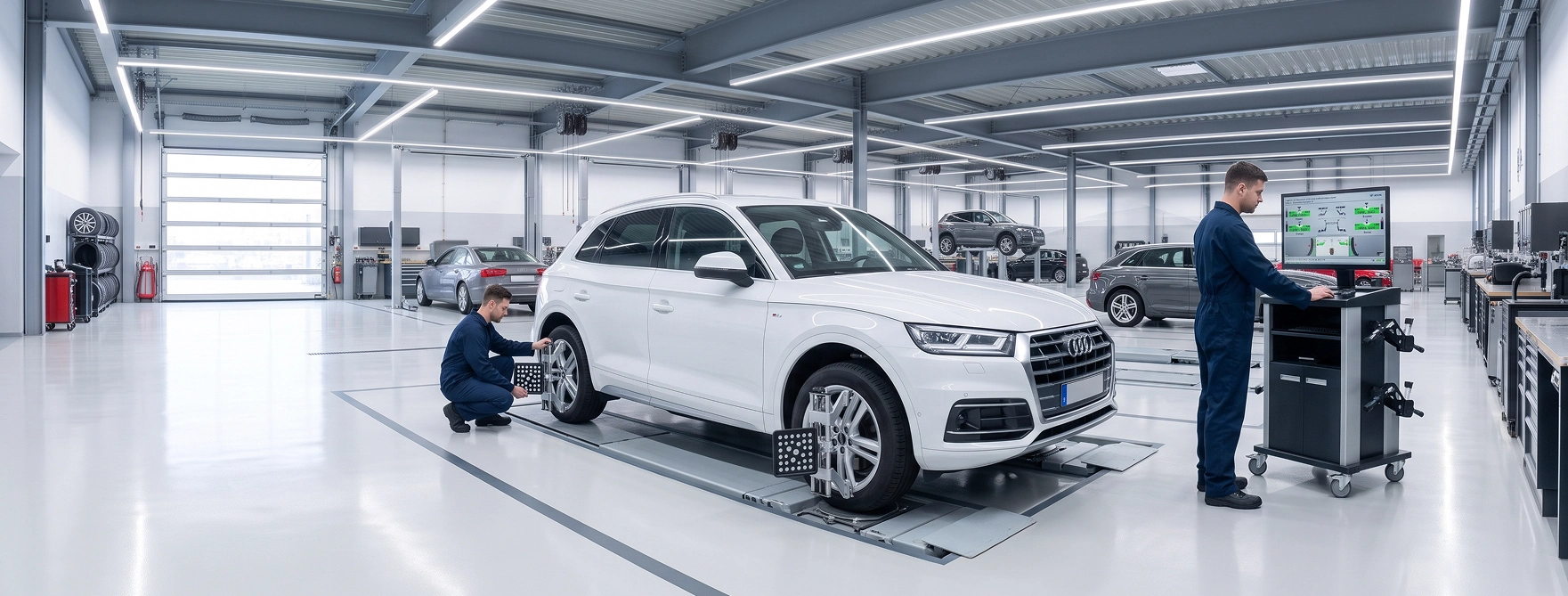 A white Audi Q5 on an alignment rack in the Audi Stuart service shop, with one technician mounting a wheel target at the rear tire and another checking the readings on the alignment console