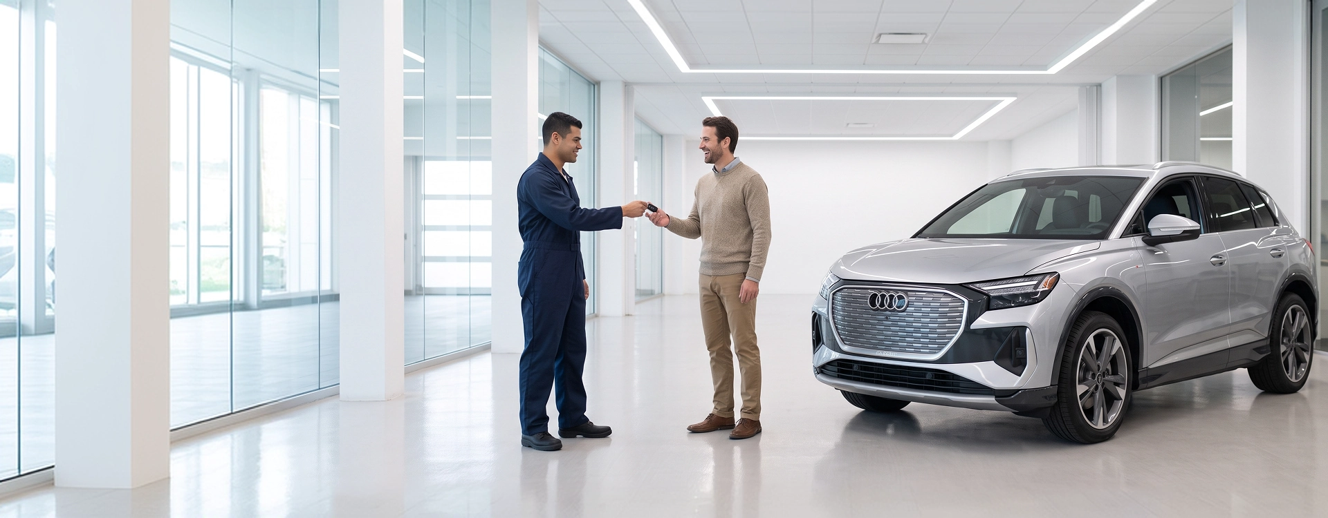 An Audi Stuart technician in navy coveralls handing the key to a customer beside a silver Audi Q4 e-tron in a bright white showroom