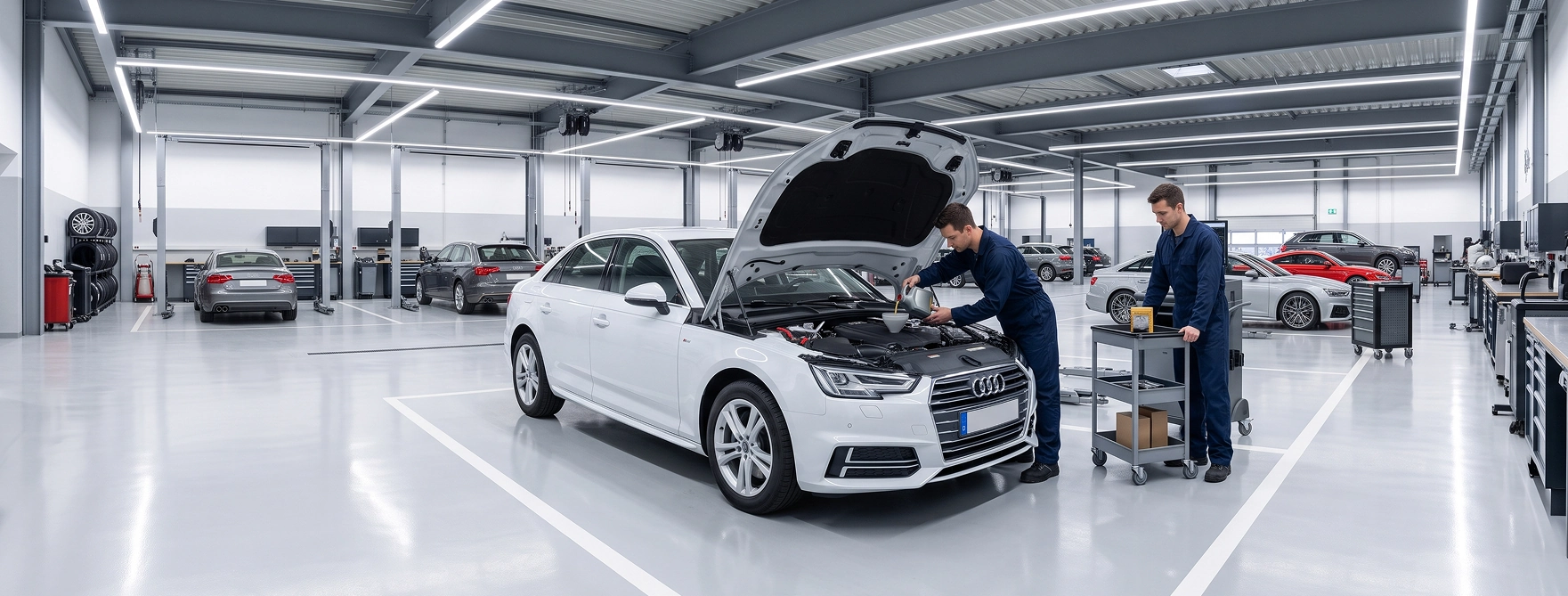 A white Audi A4 with its hood raised in the Audi Stuart service shop while one technician works at the engine and another sets up a rolling tool cart beside it