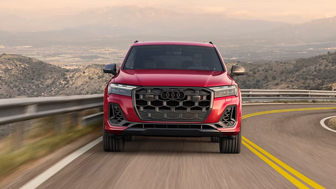 Front view of Audi SQ7 on the road at full power