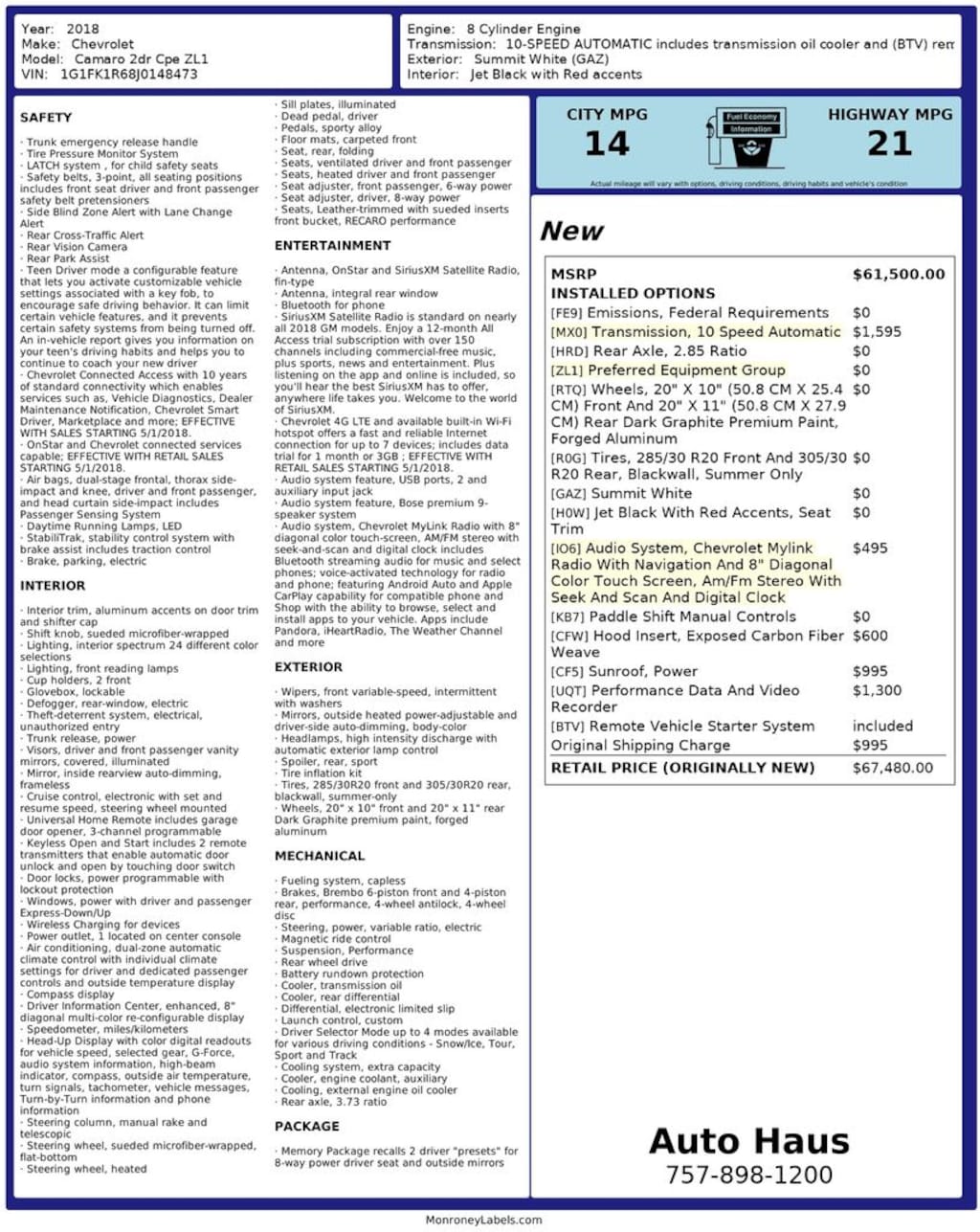 Used 2018 Chevrolet Camaro ZL1 Coupe