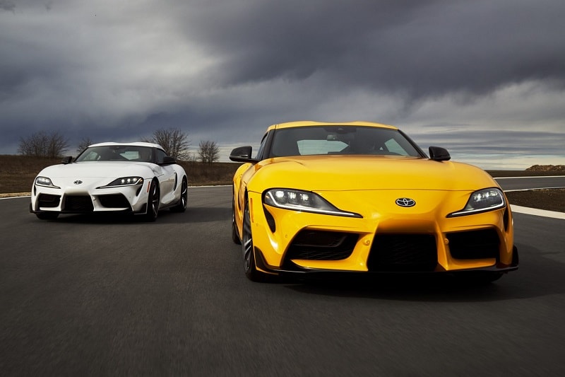 Exterior view of the Toyota Supra in yellow and white