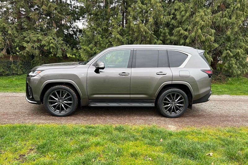 In profile view, the styling of the Lexus LX 600 F Sport is conservative.