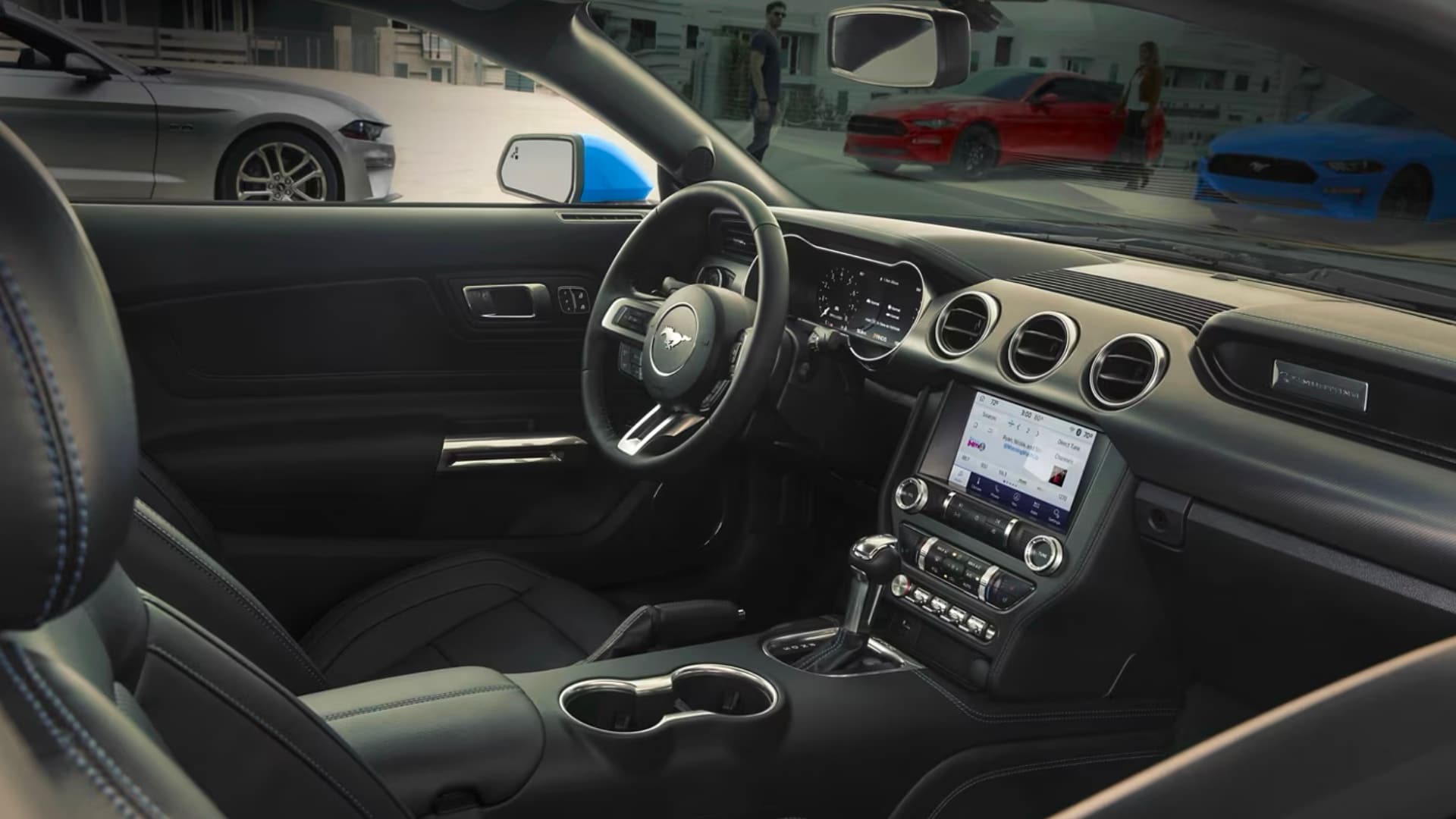 Interior of a Ford Mustang with the touch screen display active