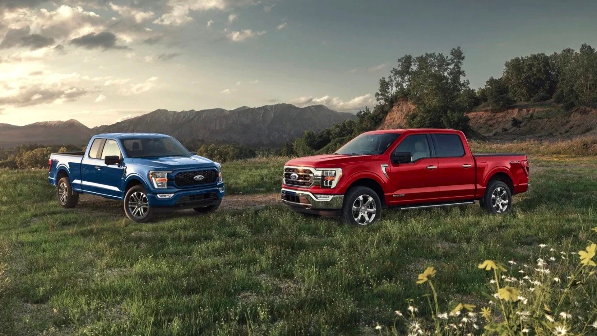 Ford F-150 Frequently Asked Questions Two Ford F-150 trucks in a grassy field with somes trees in the background and mountains further in the distance. Blue Ford F-150 on left and a red Ford F-150 on the right.