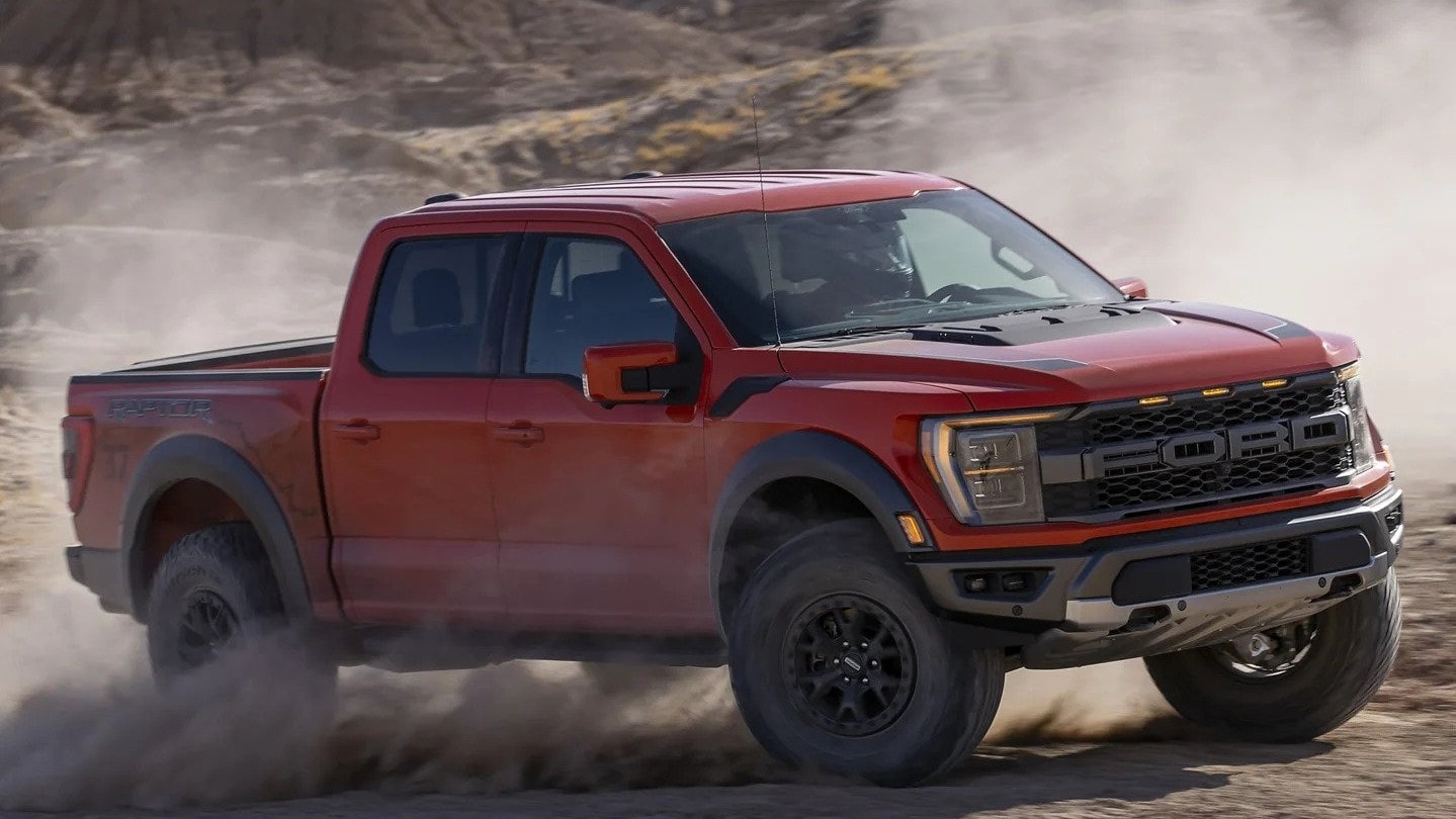red Ford F-150 Raptor in the desert